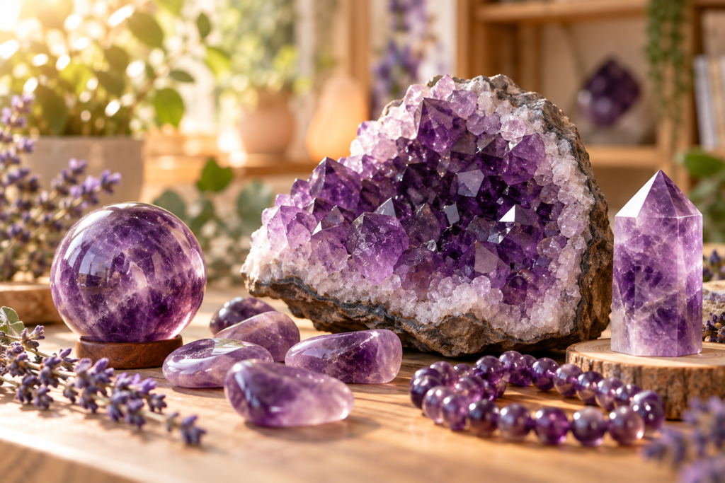 Améthyste violette naturelle présentée dans la boutique FETA à Troine