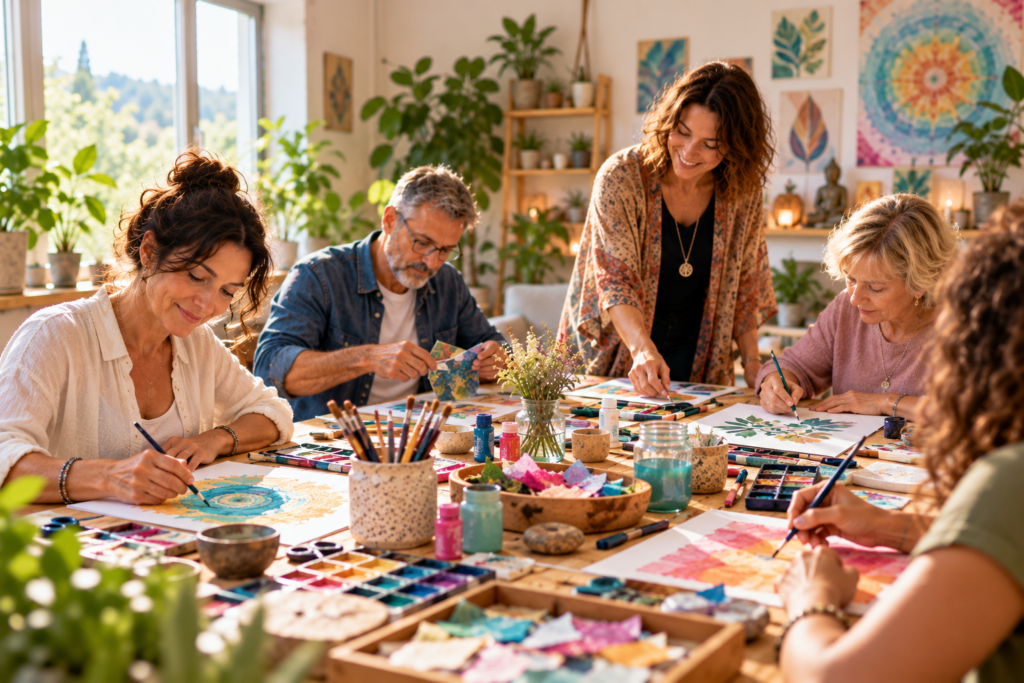 Préparation d’un atelier d’art-thérapie avec différents supports créatifs