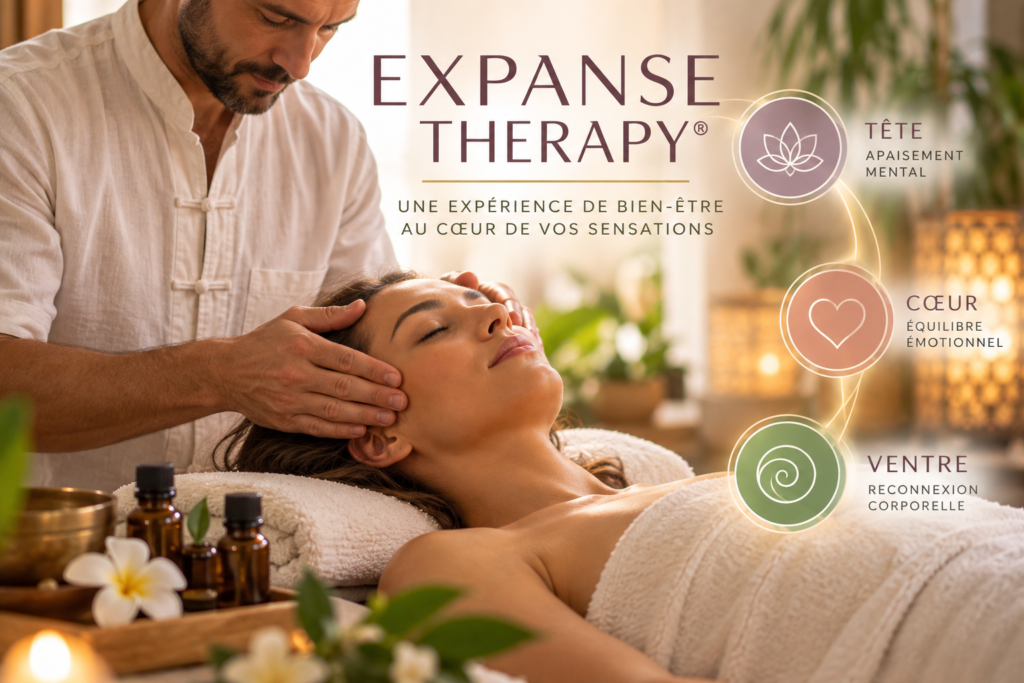 Praticien réalisant un massage crânien lors d’un soin Expanse Therapy, méthode de bien-être associant la tête, le cœur et le ventre.