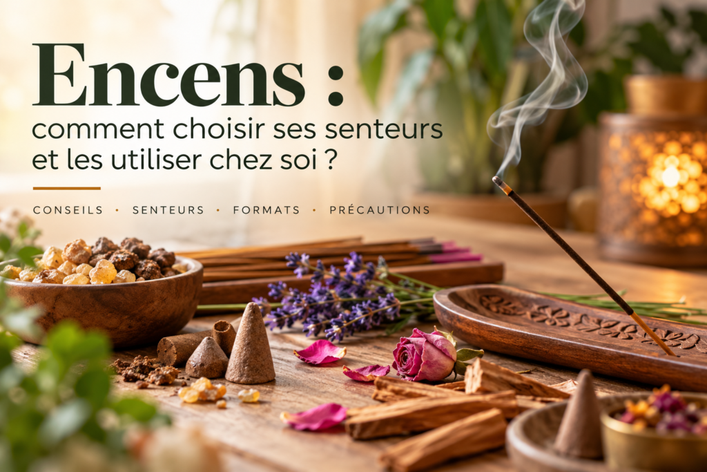 Encens en bâtonnets et en cônes, résines naturelles, lavande et rose sur une table en bois, illustrant les différentes senteurs et le choix des encens.